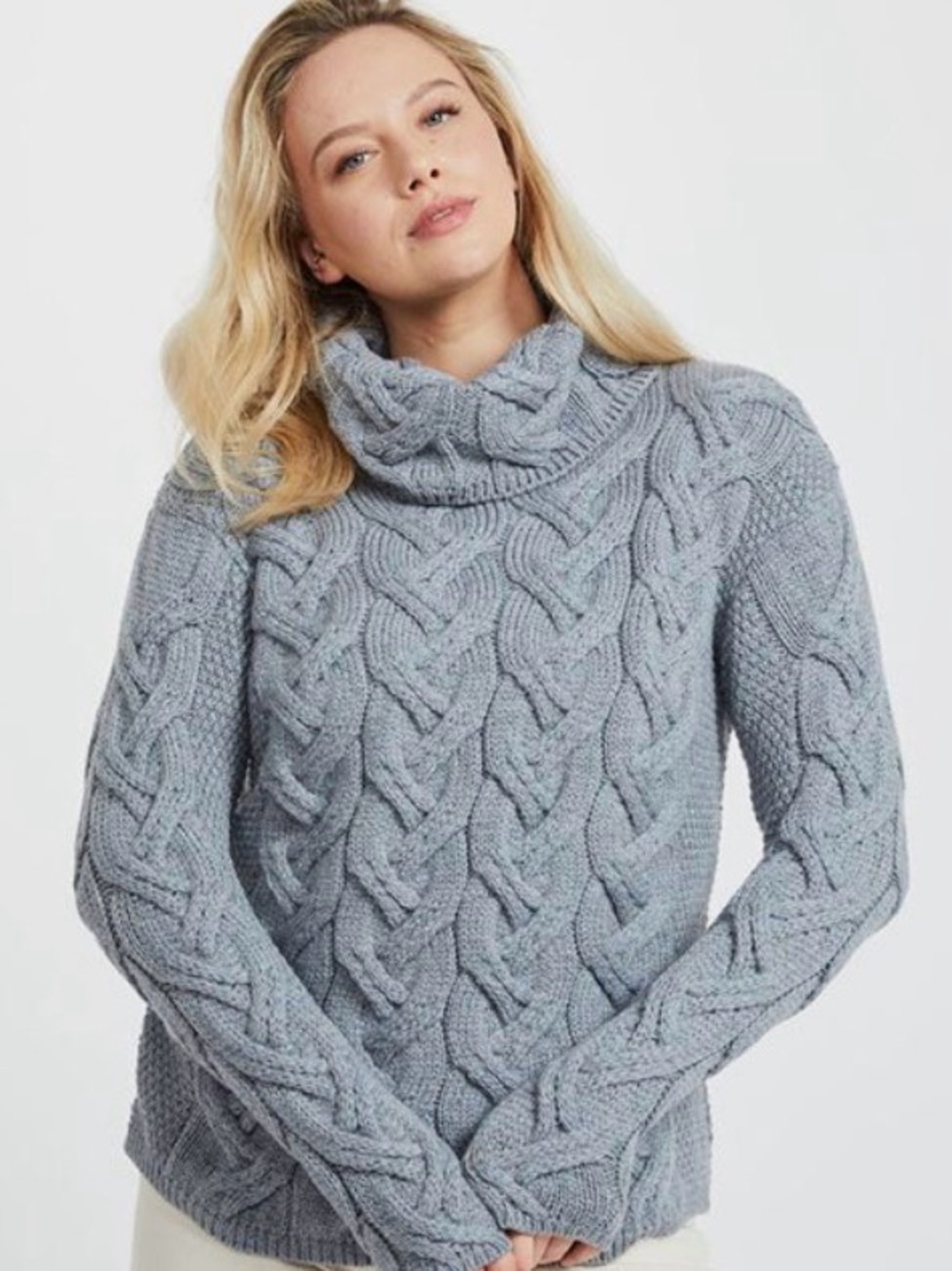 Cozy Cable Knit Cowl Sweater in Light Gary Paper Label